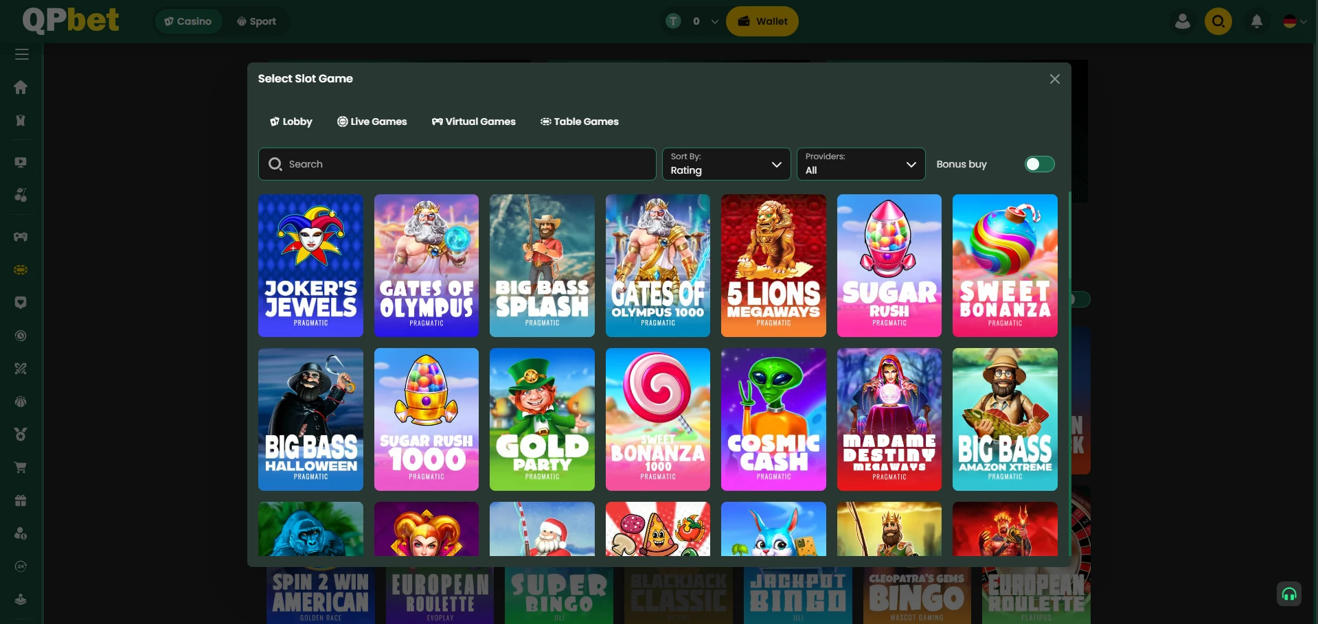Spiele im Angebot des Qpbet Casinos